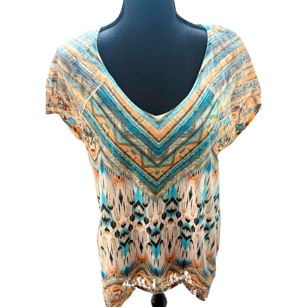 French Blue Boho Embellished Sheer‎ Top Womens Large Multicolor Short Sleeve